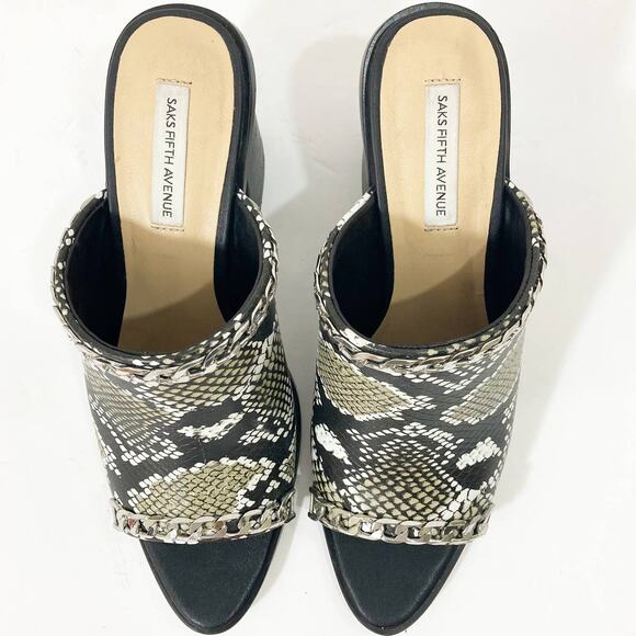 Snake embossed peep toe mules, womens 7.5 python pattern chain trim chunky heels - Picture 6 of 11